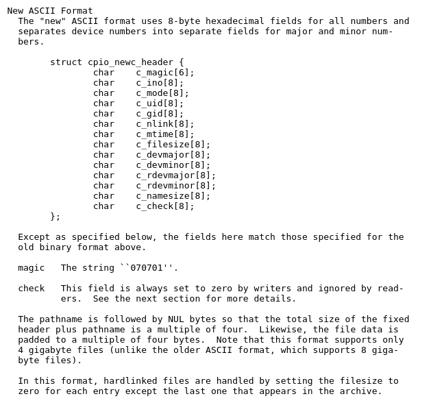 CPIO 'newc' format; screen capture from the FreeBSD manual
